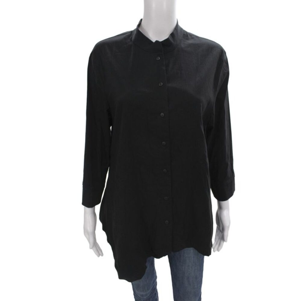 Porto Women Black Collared Tunic Button-Up 3/4 Sleeve Cotton Size 3